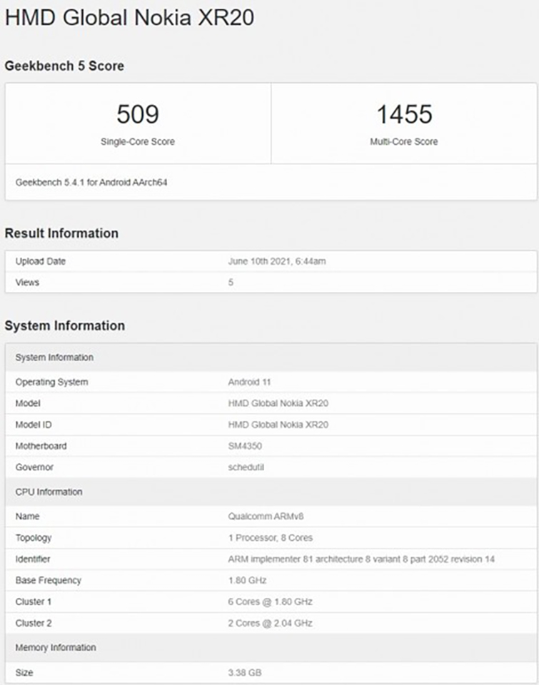 Nokia XR20 xuất hiện trên trang web điểm chuẩn Geekbench